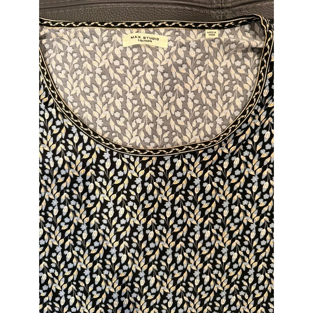Max Studio London Puff Sleeve Floral Top Black Blue Women XL 3W02W38